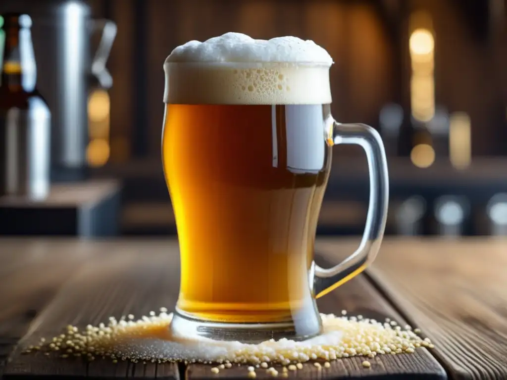 Cerveza dorada con espuma cremosa en vidrio Cerveza dorada con espuma cremosa en vaso de vidrio sobre mesa de madera - Consejos de expertos