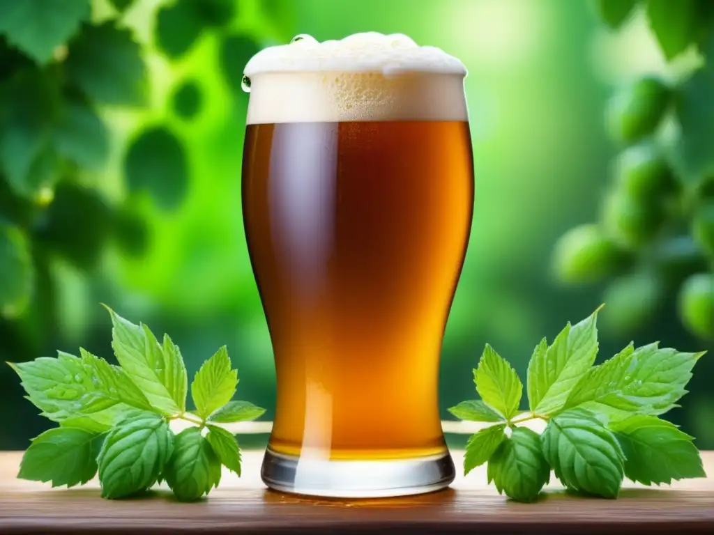 Cerveza dorada con espuma cremosa y lúpulo verde La Leyenda del Pescador y la Cerveza de Oro: una imagen detallada de una cerveza dorada y espumosa en un vaso, rodeada de lúpulos verdes y brillantes