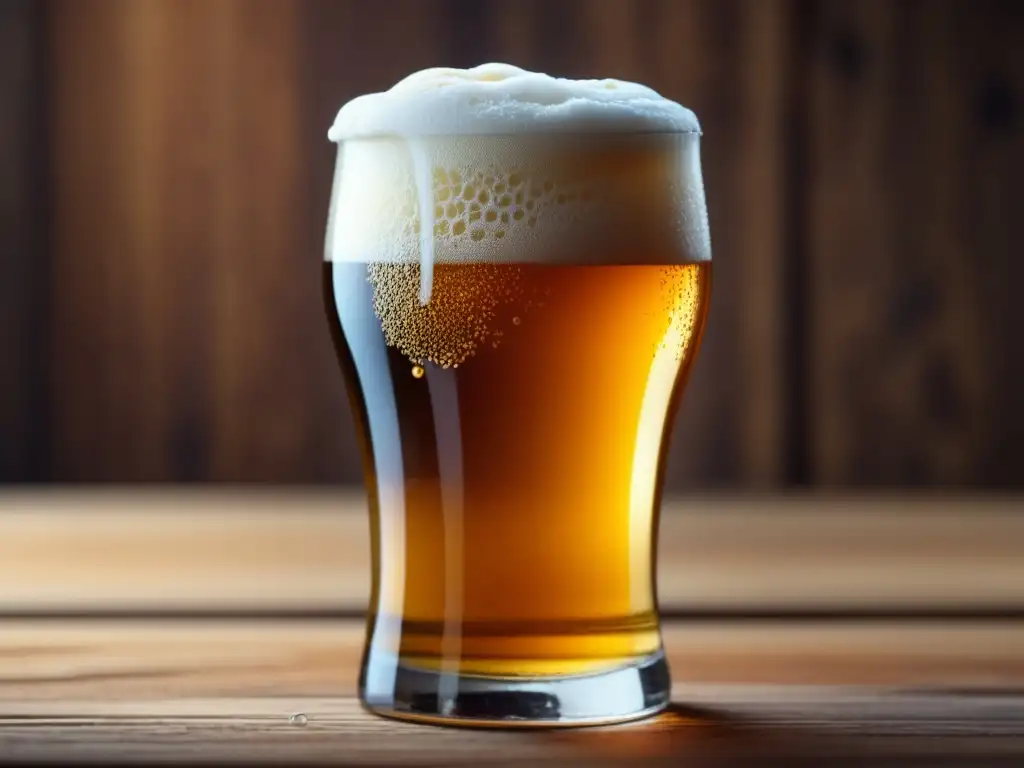 Cerveza dorada con espuma disipándose Aireación y Cerveza: Cerveza dorada en vaso con espuma suave