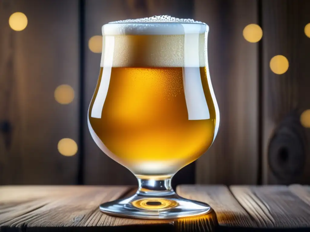 Cerveza dorada en vaso de cristal - Un vaso de cerveza dorada y espumosa en una mesa de madera rústica