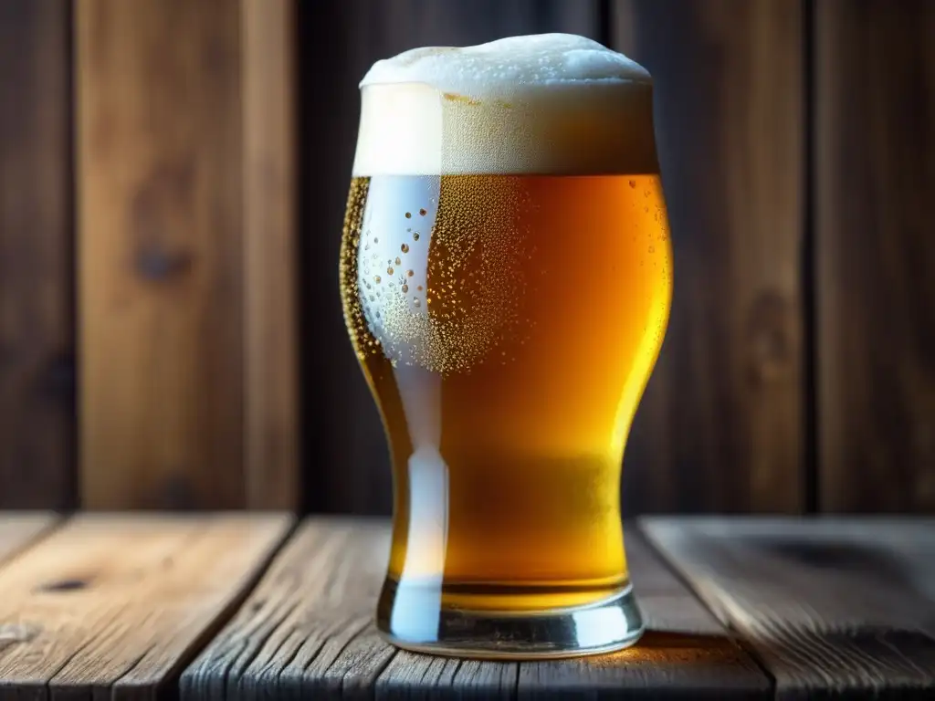Cerveza dorada y burbujeante en mesa rústica Cerveza dorada y espumosa en un vaso de vidrio en una mesa de madera rústica