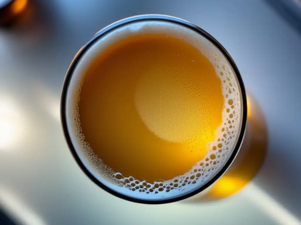 Imagen de una cerveza clara y dorada de baja graduación con espuma cremosa y burbujas, resaltada por una iluminación suave y un fondo difuminado