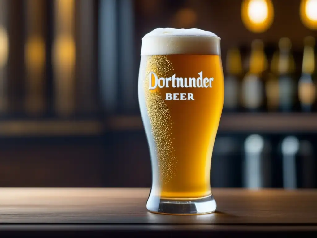 Cerveza Dortmunder: Elegante y sofisticada Vaso de cerveza Dortmunder dorada, detalle y sofisticación