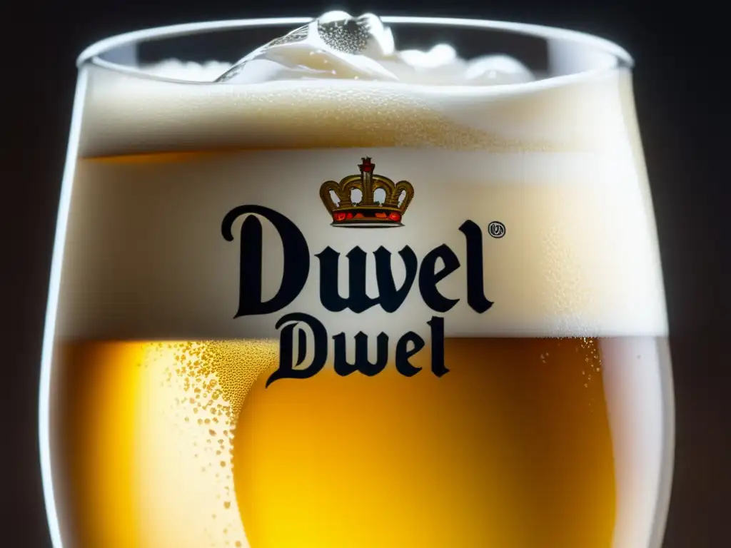Cerveza Duvel dorada y vibrante Cerveza Duvel Strong Pale Ale: color dorado vibrante, espuma cremosa, burbujas y condensación en vidrio
