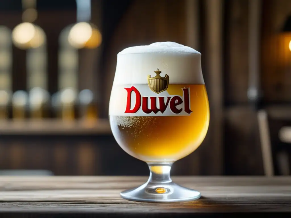 Una cautivadora imagen de una cerveza Duvel en un vaso en una mesa de madera rústica