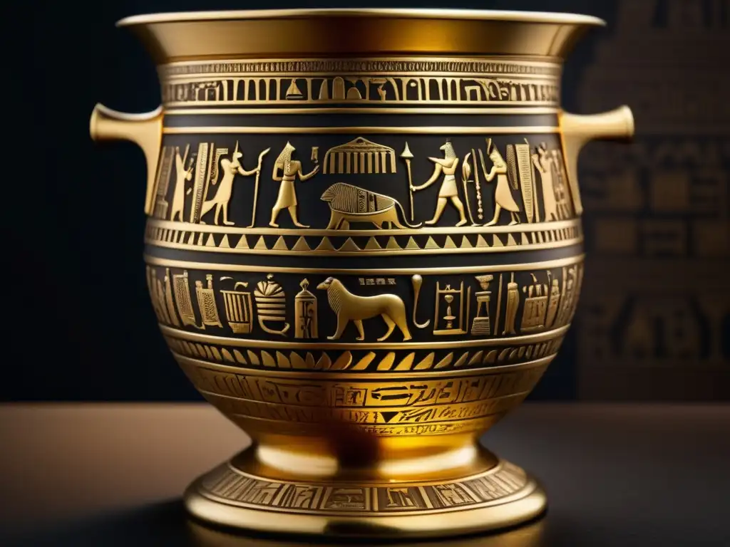 Vaso dorado egipcio con jeroglíficos Vaso de cerveza egipcio dorado con detalles intrincados y símbolos representando el proceso antiguo de elaboración de cerveza