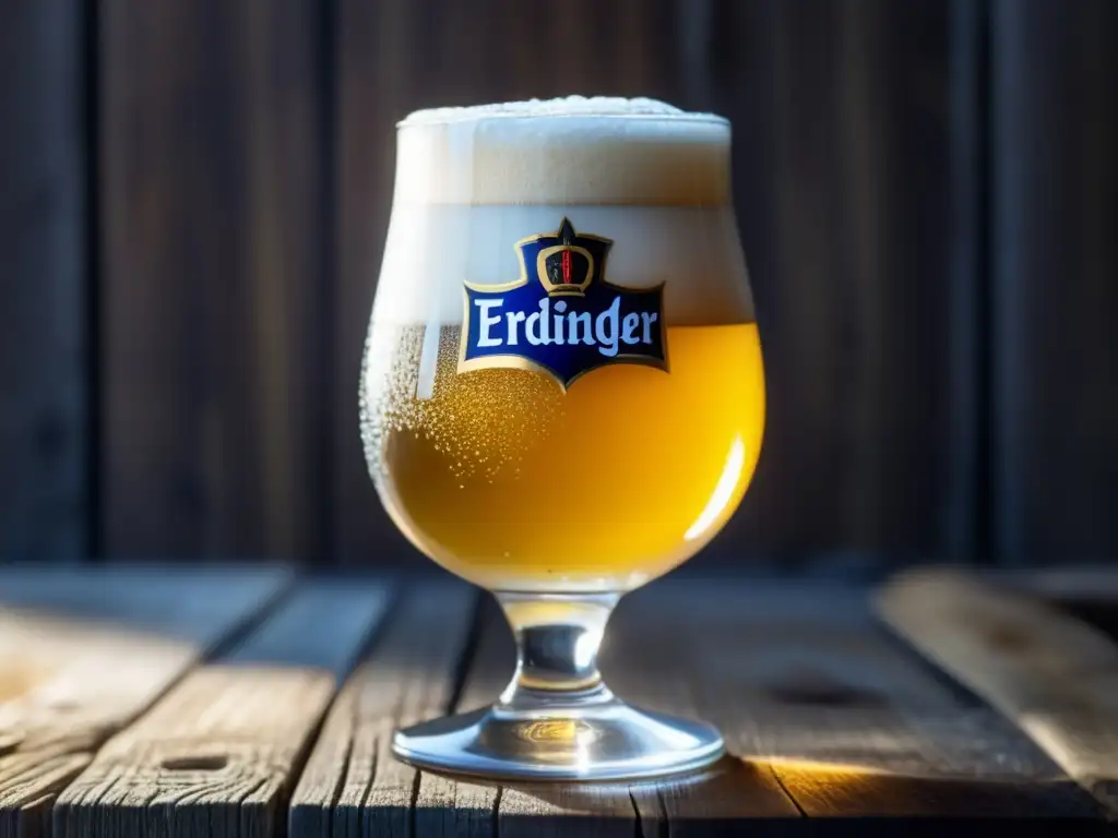 Cerveza Erdinger Weissbier Kristallklar fría en vaso de vidrio Copa de cerveza Erdinger Weissbier Krystal Weizen, refrescante y cristalina, sobre mesa de madera rústica