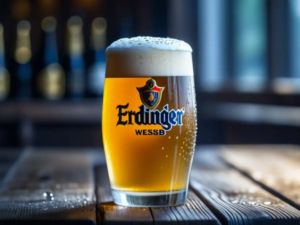 Cerveza Erdinger Weissbier dorada y espumosa Cerveza de trigo Erdinger Weissbier, dorada y espumosa, en una mesa de madera rústica - Weizenbier