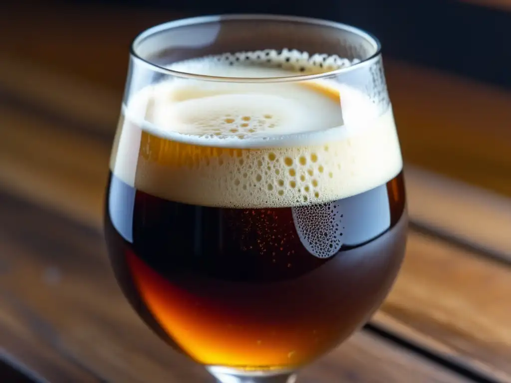 Vaso de Scottish Ale ámbar con espuma cremosa y burbujas subiendo