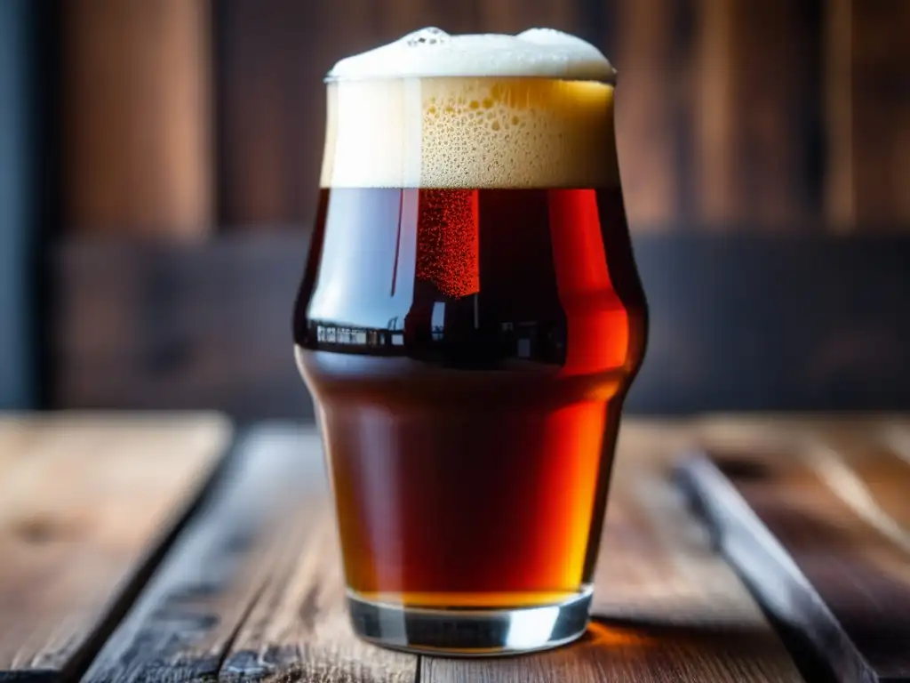 Cerveza Red IPA con espuma cremosa y efervescencia, sobre mesa de madera rústica