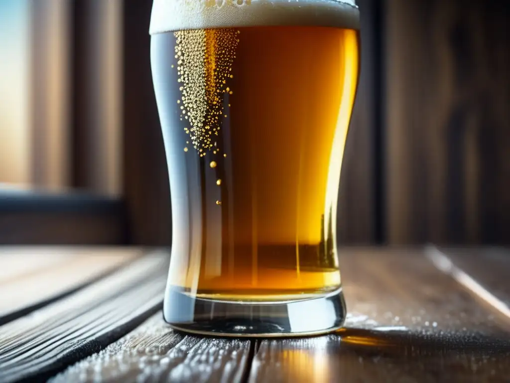 Cerveza fría perfecta Copa de cerveza dorada con burbujas y condensación, resaltando la temperatura ideal y el placer de servir