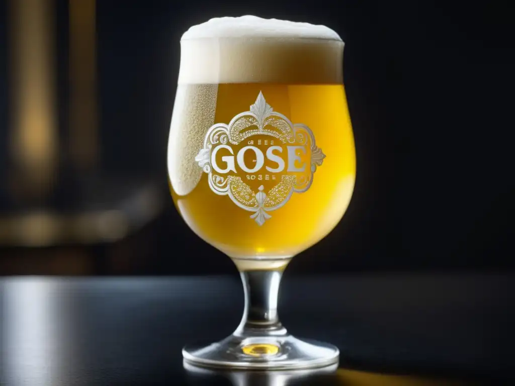 Detallada imagen de una copa de cerveza Gose dorada sobre fondo oscuro, con diseño elegante y espuma blanca