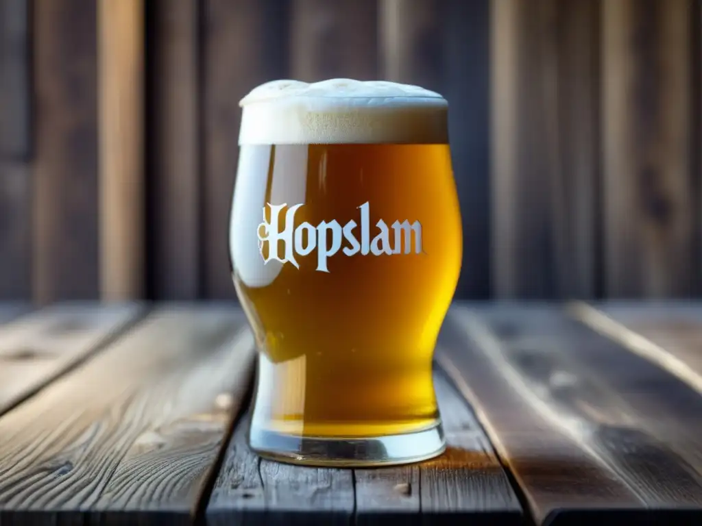 Cerveza Hopslam: Vidrio con cerveza dorada, espuma abundante y burbujas, rodeado de lúpulos verdes y grabados elegantes