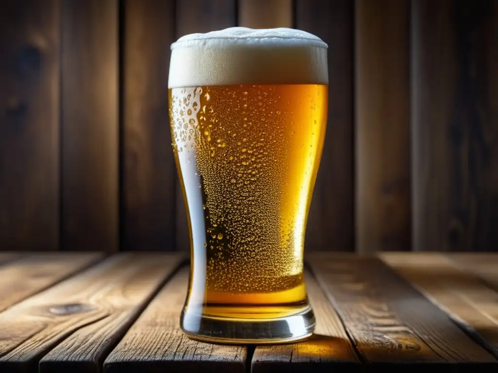 Imagen detallada de cerveza lager en mesa rústica