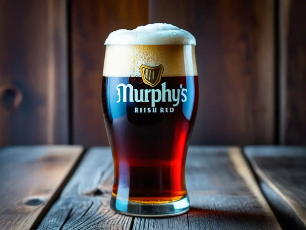 Copa de cerveza Murphy's Irish Red en mesa de madera rustica Vaso de cerveza Murphy's Irish Red en mesa de madera rústica