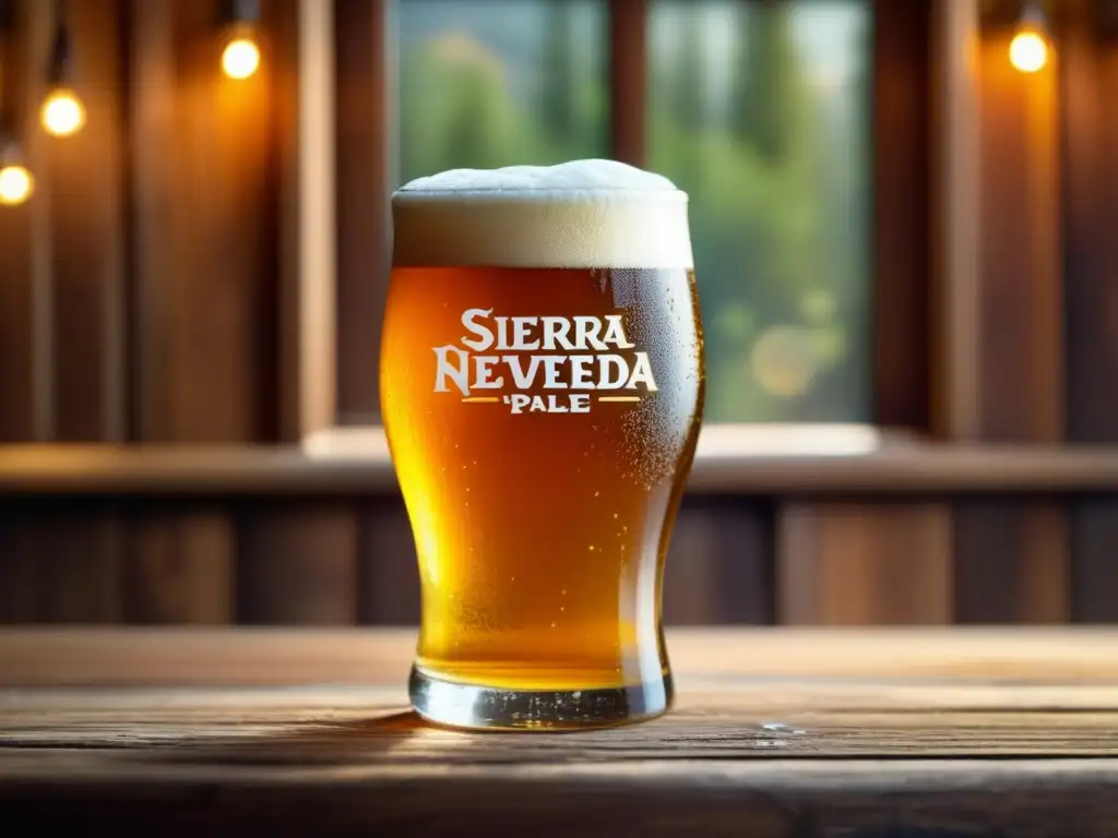 Cerveza Sierra Nevada: Detalles y ingredientes Detallada imagen de una cerveza Sierra Nevada Pale Ale en una mesa de madera rústica