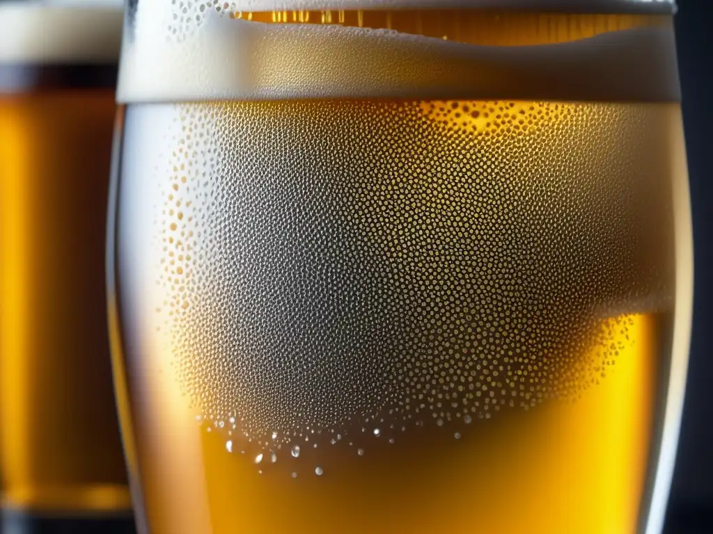 Cerveza dorada y efervescente en vaso frío Vaso con cerveza dorada y burbujeante, condensación y espuma blanca