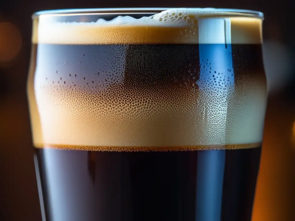 Cerveza stout de chocolate oscuro Cerveza Stout de Chocolate: copa elegante llena de cerveza oscura y cremosa, con burbujas y textura irresistible