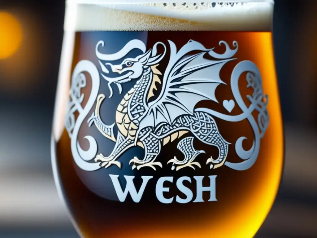 Cerveza galesa tradicional con patrones celtas Vaso de cerveza tradicional galés con símbolos celtas y burbujas - Viajes a Gales