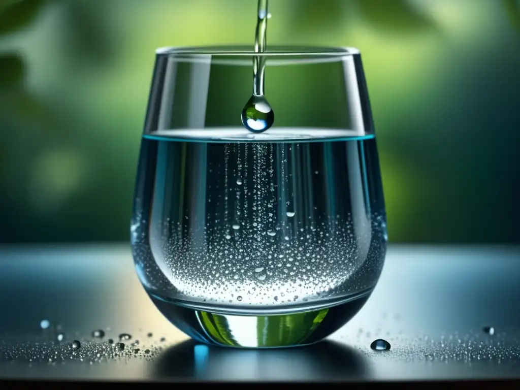 Vaso de cristal lleno de agua, con gotas y reflejo perfecto del entorno - perfil de agua