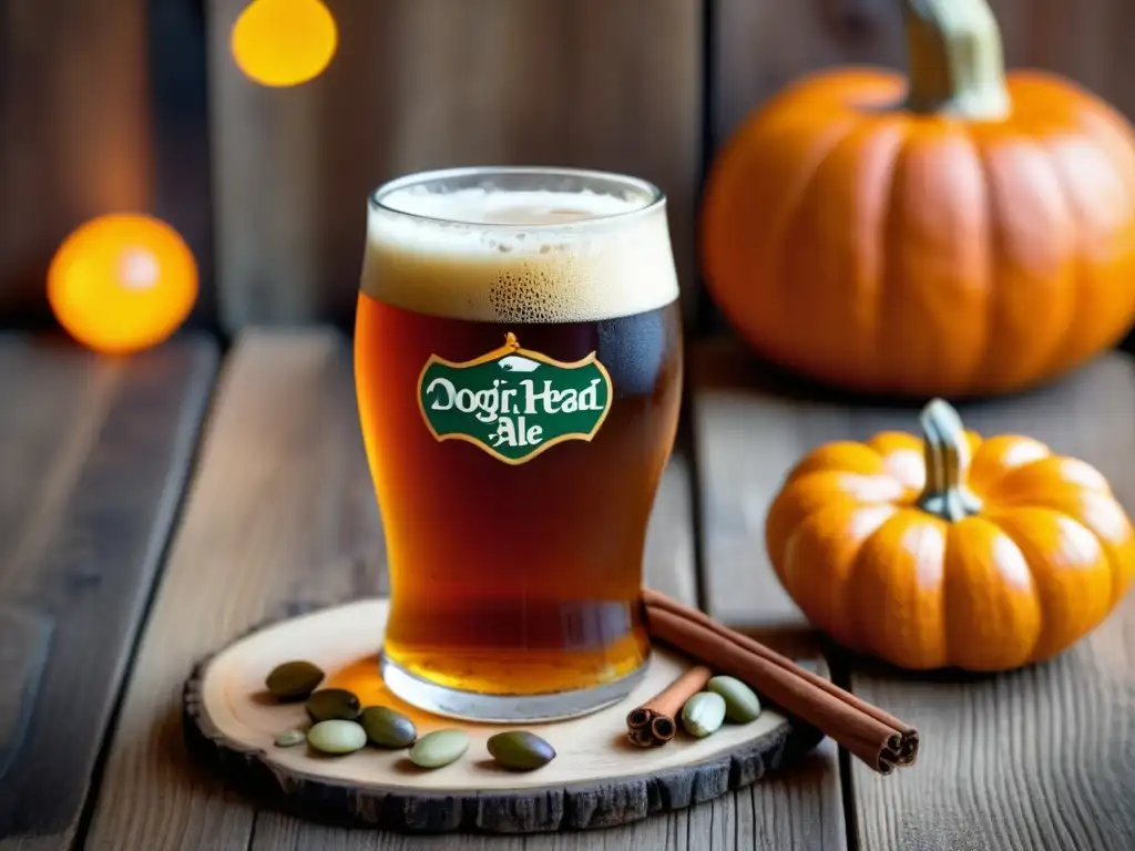 Cerveza Dogfish Head Punkin Ale en vaso con semillas de calabaza y canela -