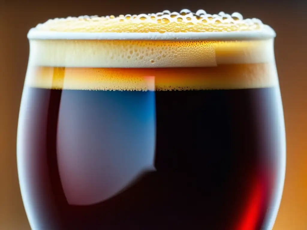 Vaso de Doppelbock: Cerveza ámbar con espuma cremosa, burbujas ascendentes y ambiente cálido en mesa rústica