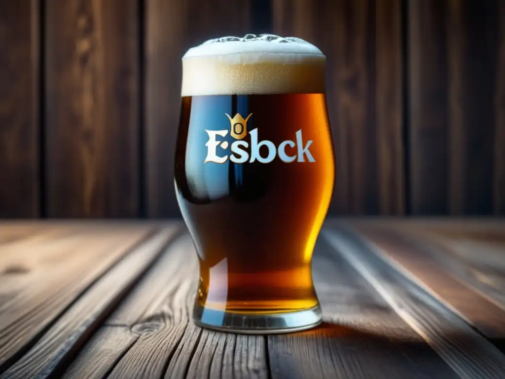 Eisbock de ámbar en vaso de vidrio grabado Cerveza Eisbock en vaso de vidrio adornado, color ámbar intenso, burbujas y condensación destacan