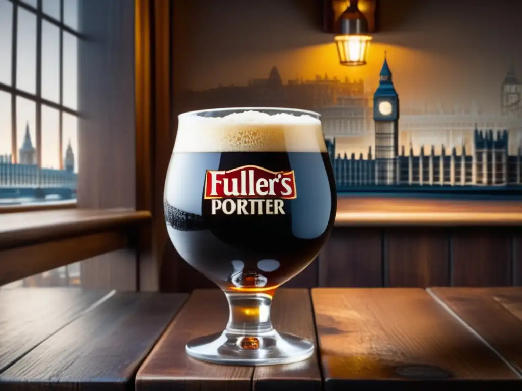Cerveza oscura en vaso con mapa vintage Cerveza Fuller's London Porter en vaso de vidrio con espuma cremosa y color oscuro, sobre mesa de madera con mapa antiguo de Londres de fondo