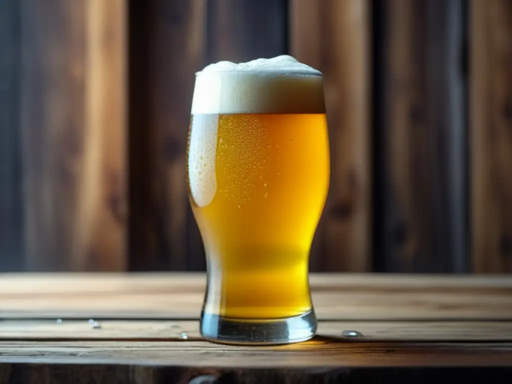 Imagen detallada en 8k de una cerveza Gose dorada en un vaso, sobre mesa de madera rústica