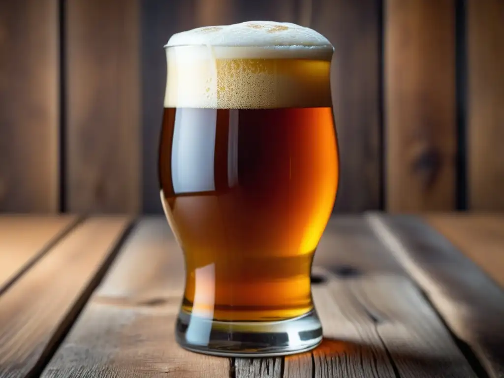 Cerveza de Calabaza en Vaso Cerveza Pumpkin Ale en vaso de vidrio, con tonos ambarinos y cabeza cremosa, rodeada de semillas de calabaza y palitos de canela