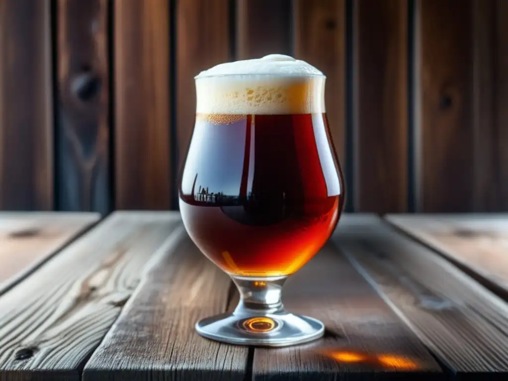 Imagen detallada de una cerveza Red Ale ámbar en un vaso de vidrio, con espuma cremosa y burbujas efervescentes
