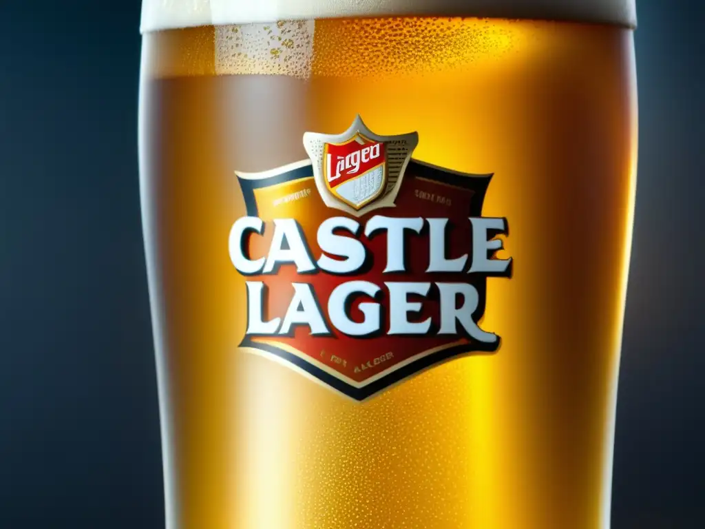 Cerveza Castle Lager: cristal helado con tono dorado, condensación brillante y burbujas efervescentes