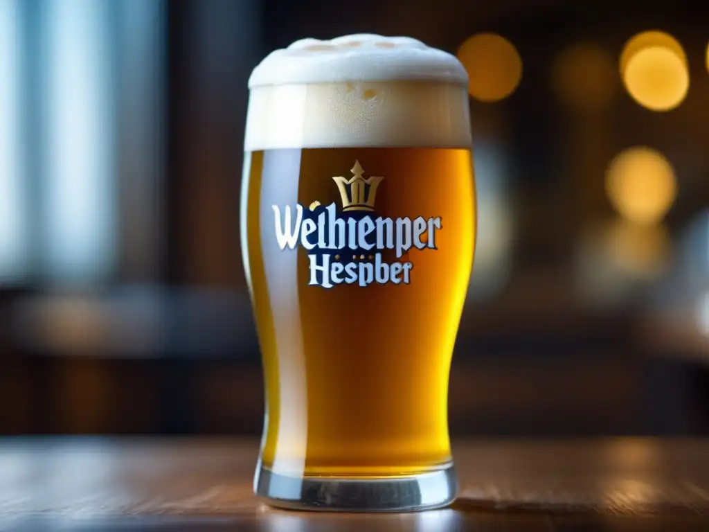 Cerveza de trigo dorada y refrescante Cerveza Weihenstephaner Hefeweissbier dorada y refrescante en vaso de vidrio -