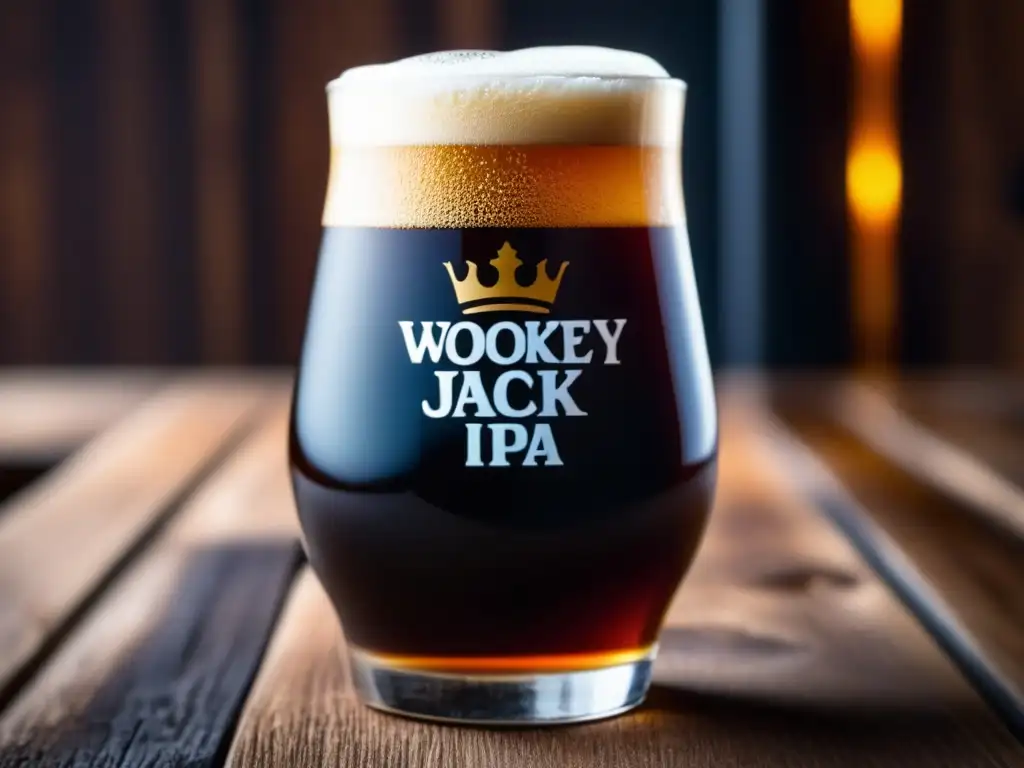 Cerveza Wookey Jack Black IPA en vaso, color oscuro y espuma abundante