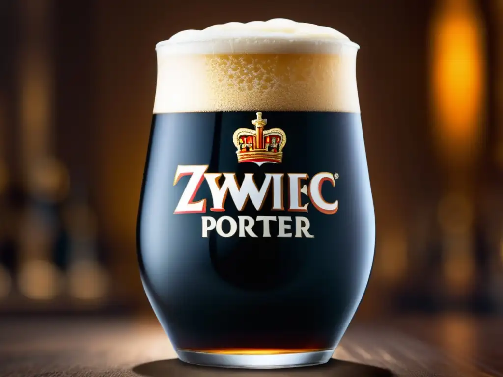 Una copa de Zywiec Porter, cerveza de color oscuro y espuma cremosa