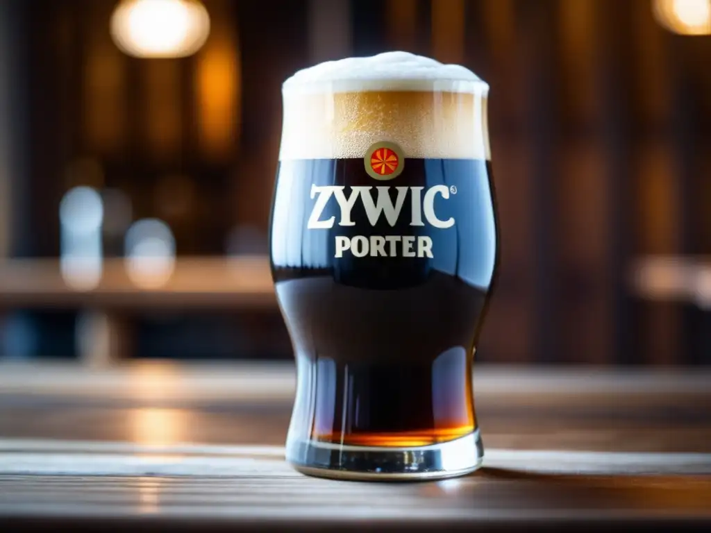 Cerveza Zywiec Porter, color marrón oscuro, espuma cremosa, textura y profundidad destacadas - Baltic Porter