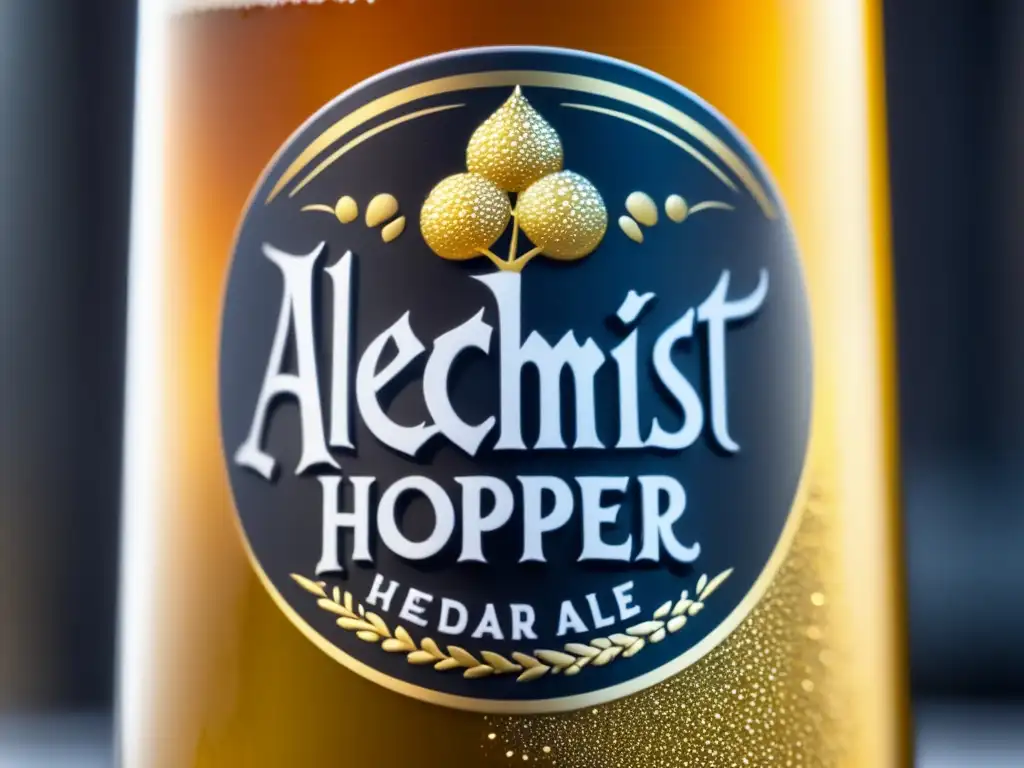 Cerveza dorada refrescante Imagen de vaso de cristal con The Alchemist Heady Topper Sour Ale, resaltando su tono dorado y burbujas blancas