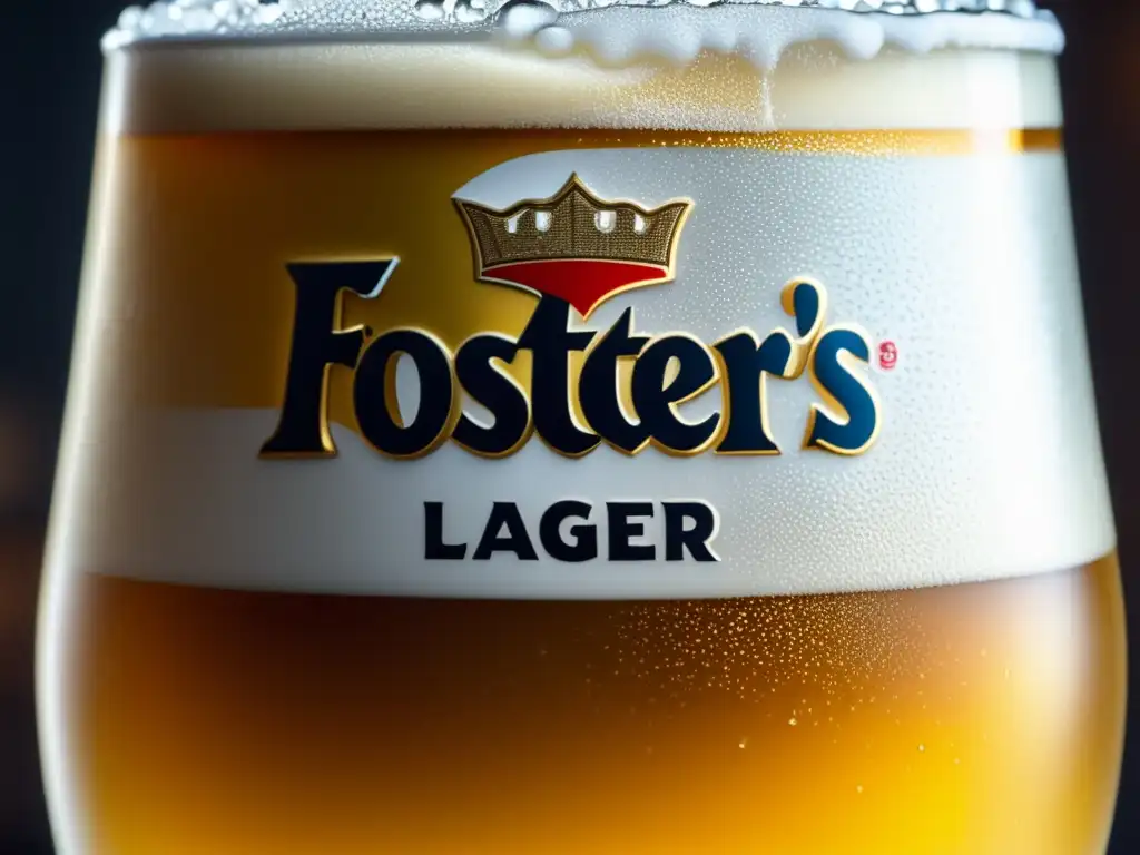 Copa helada de Foster's Lager, espuma abundante y detalles de carbonatación, tono ámbar y acabado sofisticado