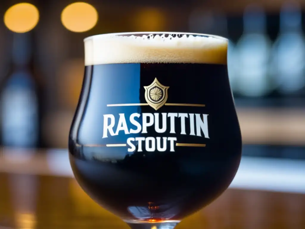Un vaso lleno de Old Rasputin Imperial Stout de North Coast Brewery, con espuma cremosa y burbujas carbonatadas
