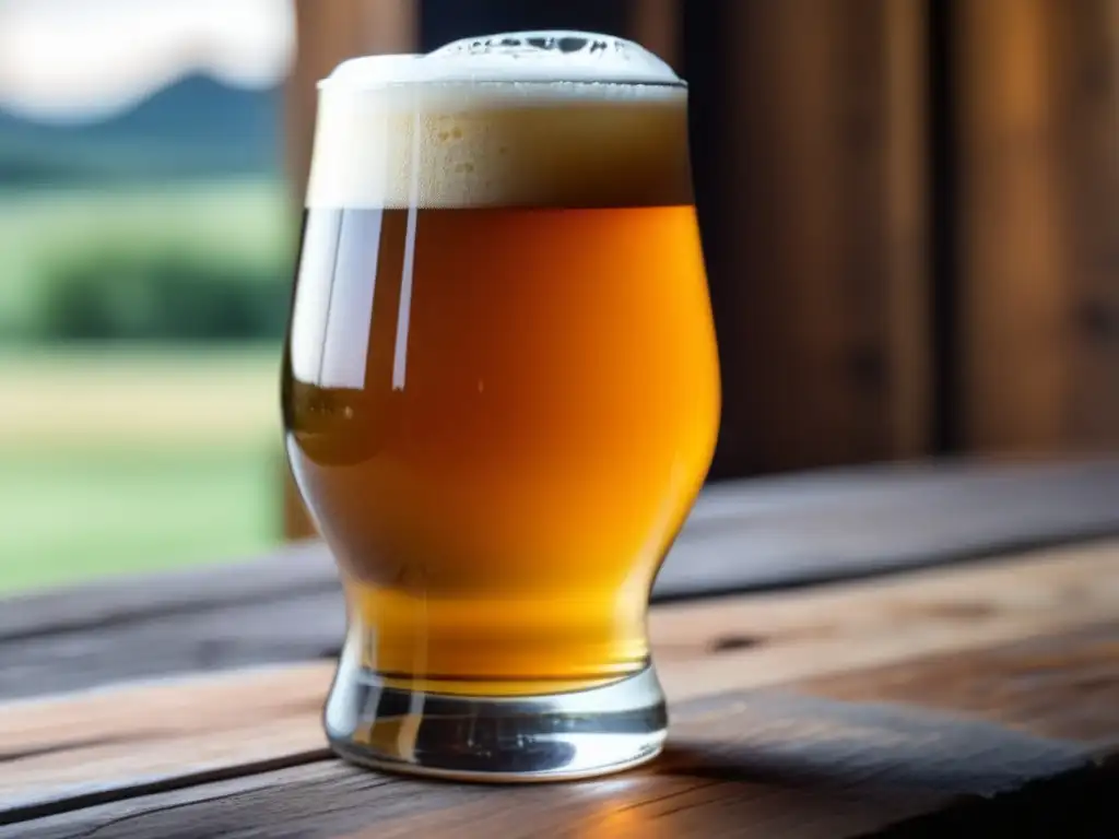 Cerveza Mastra English Pale Ale en vaso Vaso de Mastra English Pale Ale, cerveza dorada con burbujas y espuma blanca, en mesa de madera