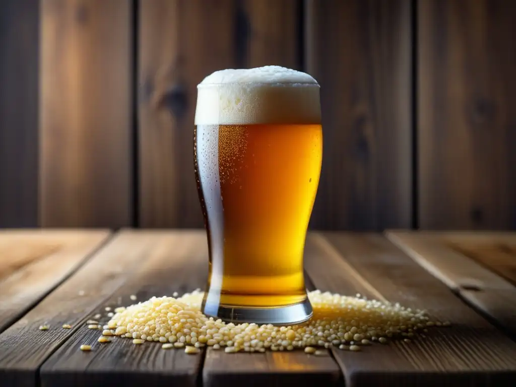 Refrescante cerveza sin alcohol en vaso de cristal Cervezas sin alcohol: vaso dorado con cebada y condensación en mesa rústica