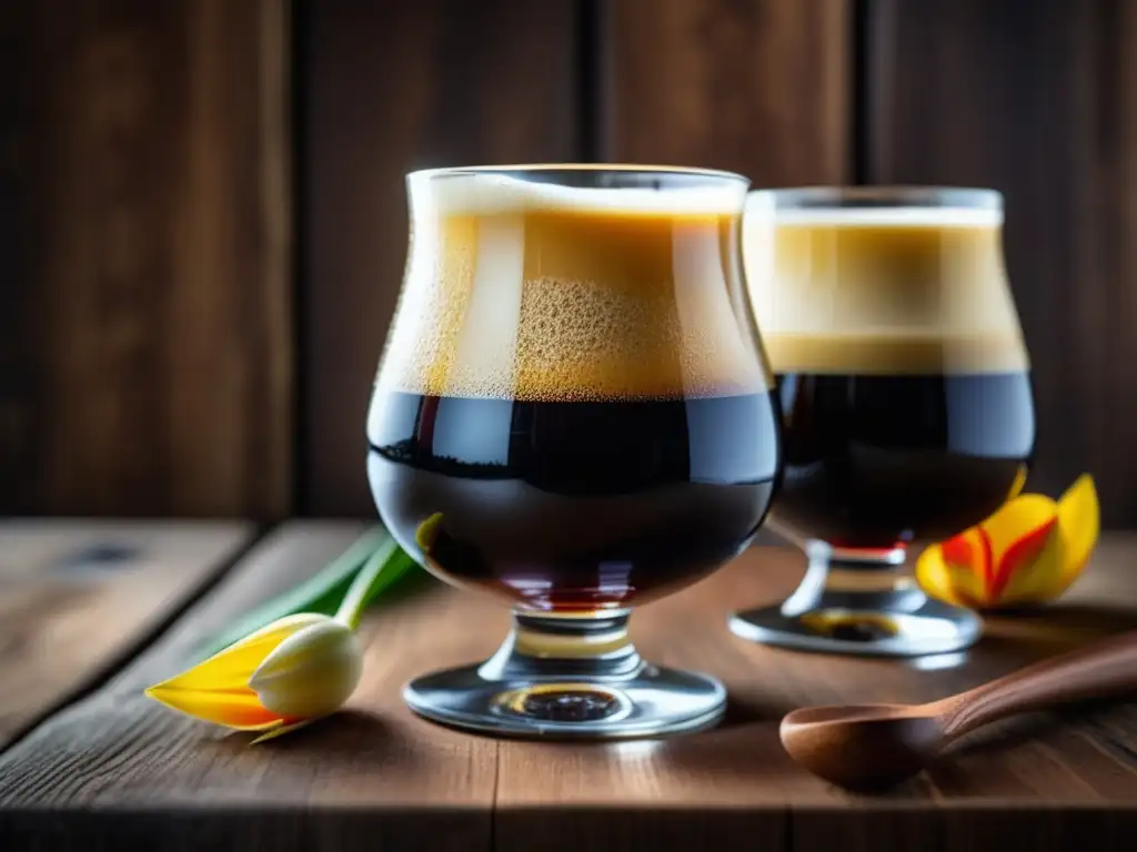 Detalle 8k: Vaso Stout, Copa Snifter y Copa Tulipa en composición atractiva Vasos y Copas: Imagen 8k detallada de Vaso Stout, Copa Snifter y Copa Tulipa con composición atractiva