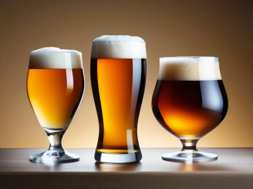 Tres vasos de cerveza diferentes Vasos y Copas: Vaso IPA, Copa Teku y Vaso de cerveza de trigo en alta resolución, resaltando detalles y texturas