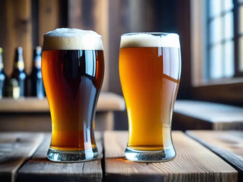Dos cervezas artesanales en mesa rústica Dos cervezas artesanales en copas distintas, mostrando diferencias en color, sabor y espuma