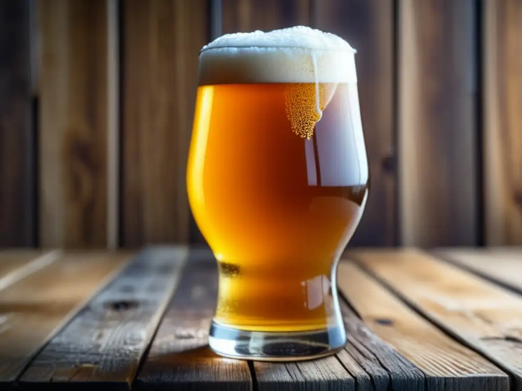Cerveza ácida dorada con limón Cerveza ácida y experimentación: Un vaso de cerveza ácida dorada con espuma blanca, decorada con una rodaja de limón, en una mesa de madera rústica