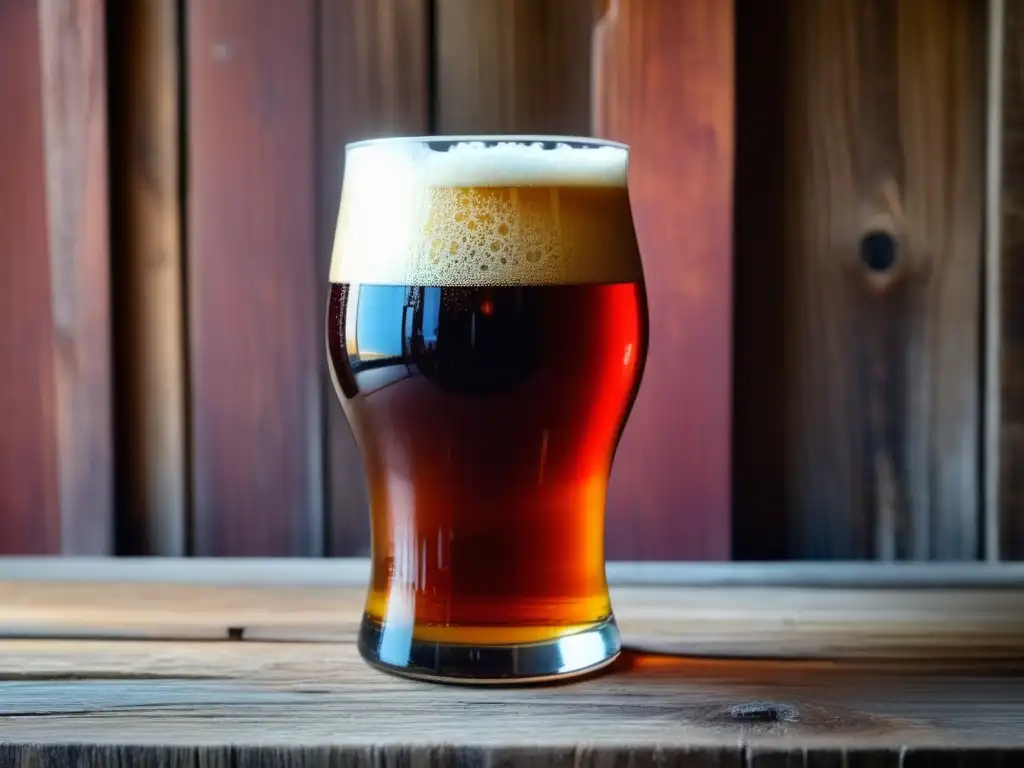 Cerveza Red IPA recién servida en una mesa de madera rústica