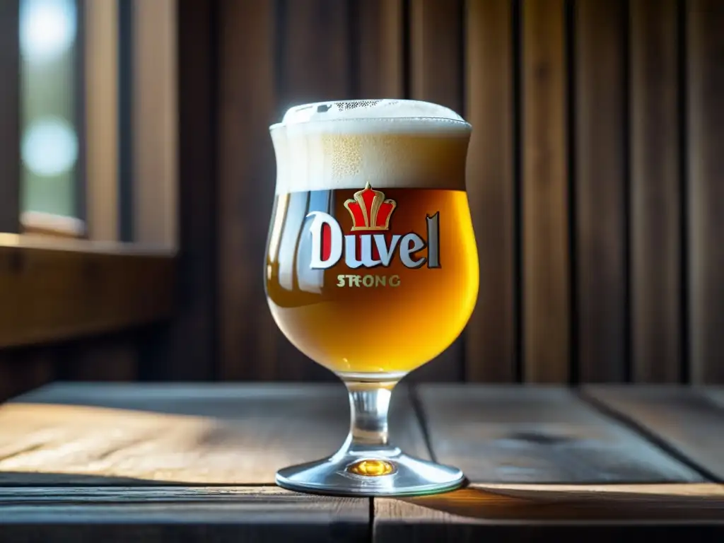 Cerveza Duvel en vaso de cristal Imagen detallada de una cerveza Strong Pale Ale belga, con elegante forma de tulipa y burbujas doradas