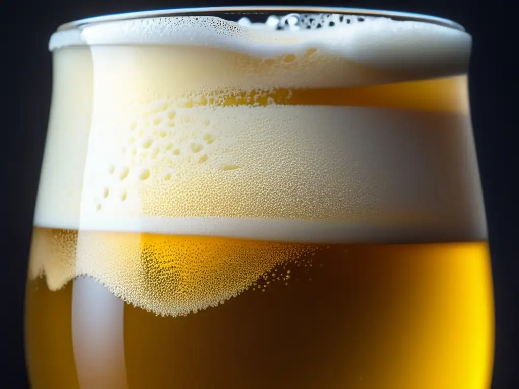Cerveza dorada con burbujas, espuma cremosa y detalles de carbonatación