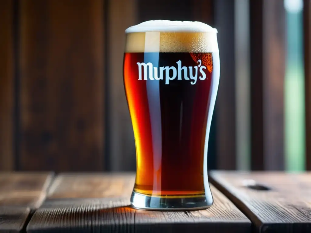 Cerveza Murphy's Irish Red en vaso elegante Una impresionante Red Ale en un elegante vaso de cristal, con tonos rojos vibrantes y burbujas efervescentes