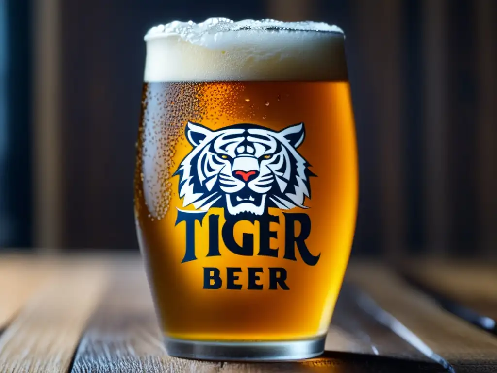 Tiger Beer: Cerveza dorada y refrescante Cerveza Tiger en vaso con espuma y condensación en mesa de madera